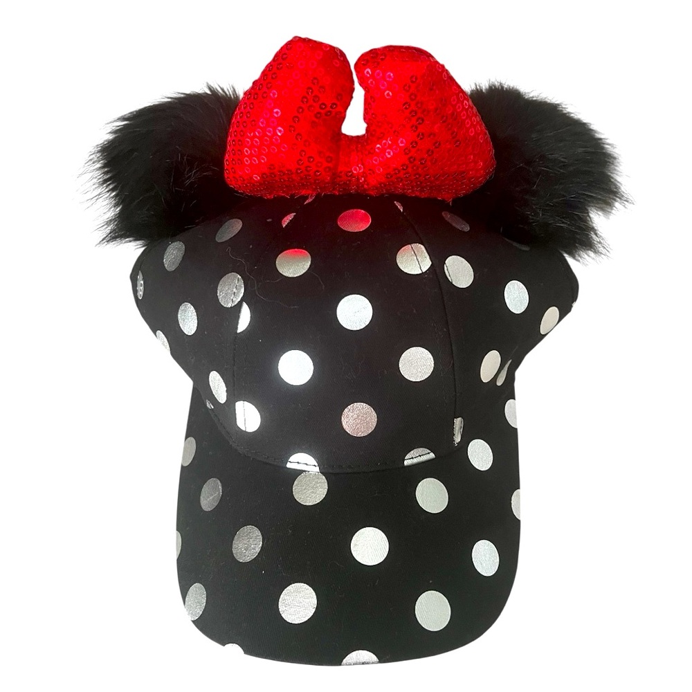 DISNEY PARKS Minnie Mouse Pom Pom Polka Dot Sequin Bow Black Baseball Hat Adult